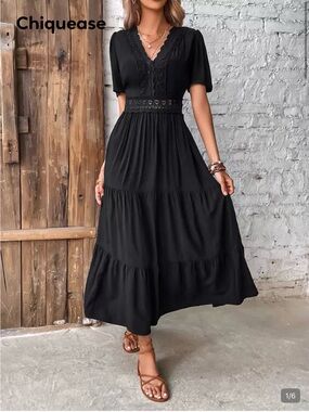 SHEIN Black V-Neck Lace Waist Tiered Maxi Dress